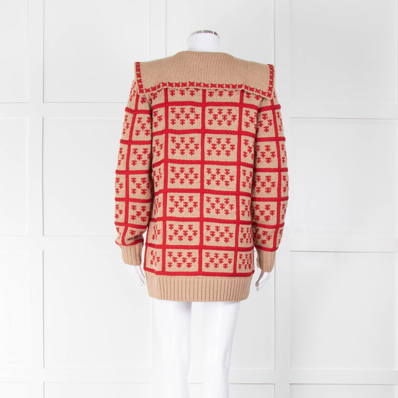 Shrimps Eric Camel and Red Cardigan With Oversized Collar