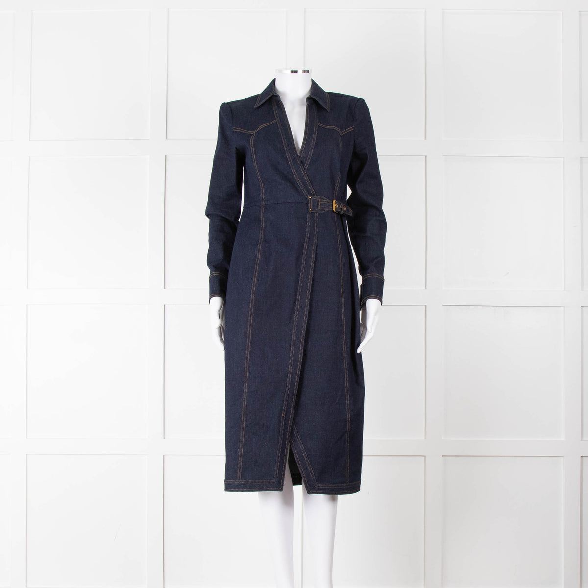 Veronica Beard Dark Denim Wrap Dress with Buckled Closure