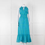 Ridley Green Blue Print Elasticated Waist Halter Neck Belted Maxi Cotton Dress
