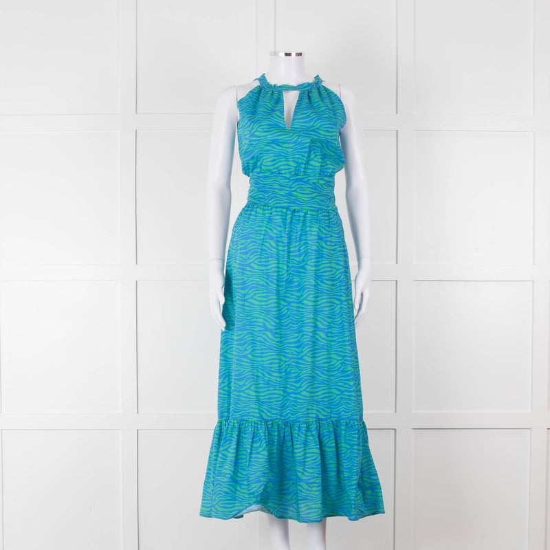 Ridley Green Blue Print Elasticated Waist Halter Neck Belted Maxi Cotton Dress