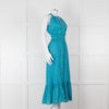 Ridley Green Blue Print Elasticated Waist Halter Neck Belted Maxi Cotton Dress