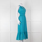 Ridley Green Blue Print Elasticated Waist Halter Neck Belted Maxi Cotton Dress