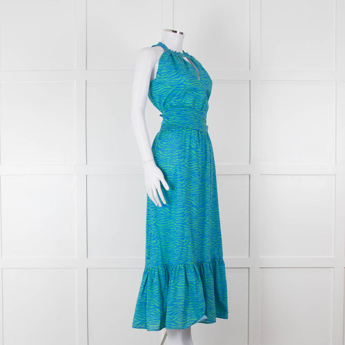 Ridley Green Blue Print Elasticated Waist Halter Neck Belted Maxi Cotton Dress