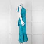 Ridley Green Blue Print Elasticated Waist Halter Neck Belted Maxi Cotton Dress