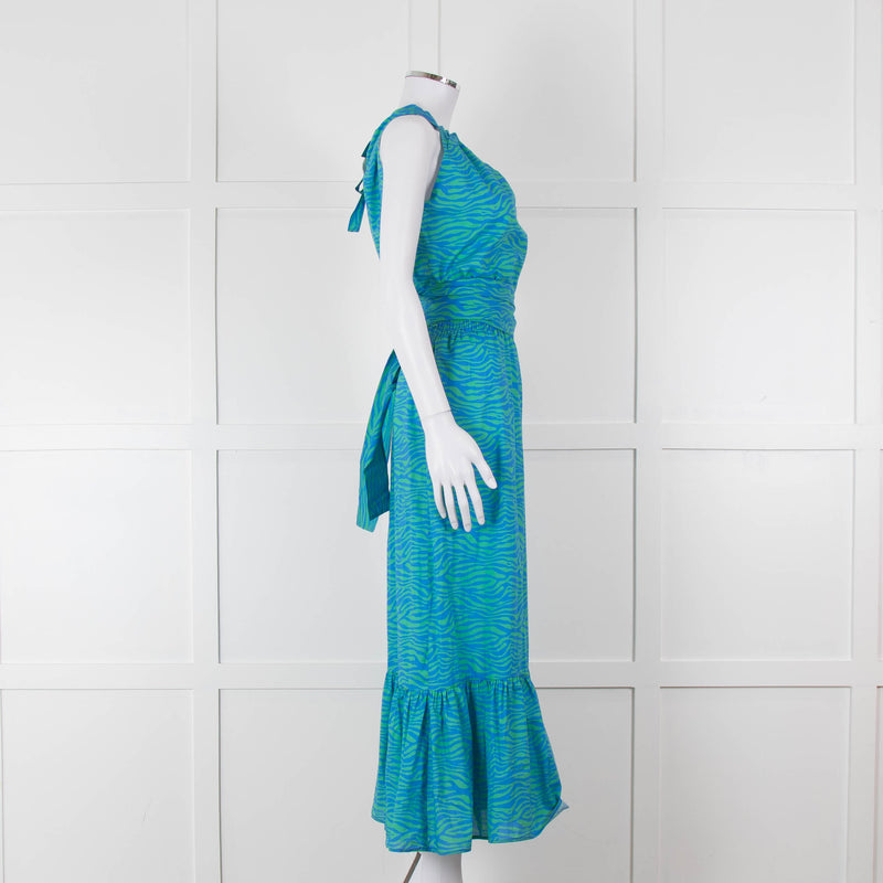 Ridley Green Blue Print Elasticated Waist Halter Neck Belted Maxi Cotton Dress