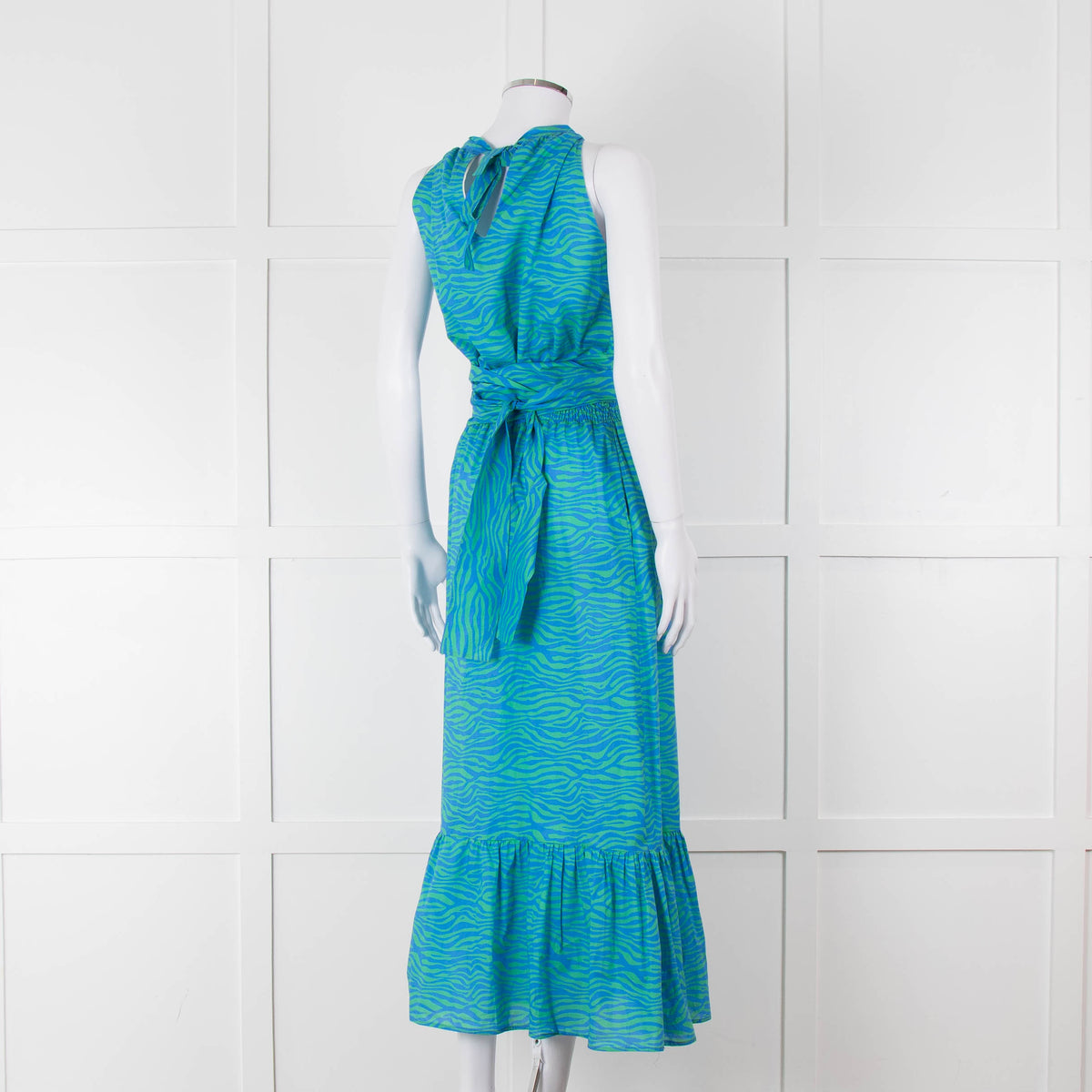 Ridley Green Blue Print Elasticated Waist Halter Neck Belted Maxi Cotton Dress