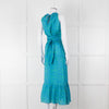 Ridley Green Blue Print Elasticated Waist Halter Neck Belted Maxi Cotton Dress