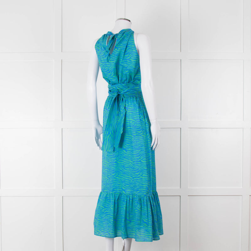 Ridley Green Blue Print Elasticated Waist Halter Neck Belted Maxi Cotton Dress