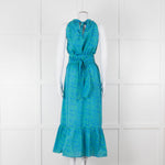 Ridley Green Blue Print Elasticated Waist Halter Neck Belted Maxi Cotton Dress