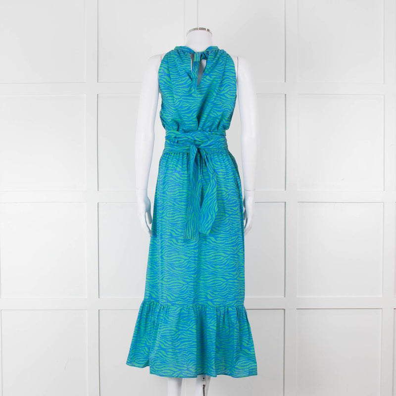 Ridley Green Blue Print Elasticated Waist Halter Neck Belted Maxi Cotton Dress