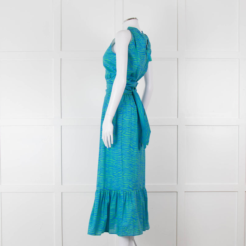 Ridley Green Blue Print Elasticated Waist Halter Neck Belted Maxi Cotton Dress