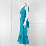 Ridley Green Blue Print Elasticated Waist Halter Neck Belted Maxi Cotton Dress