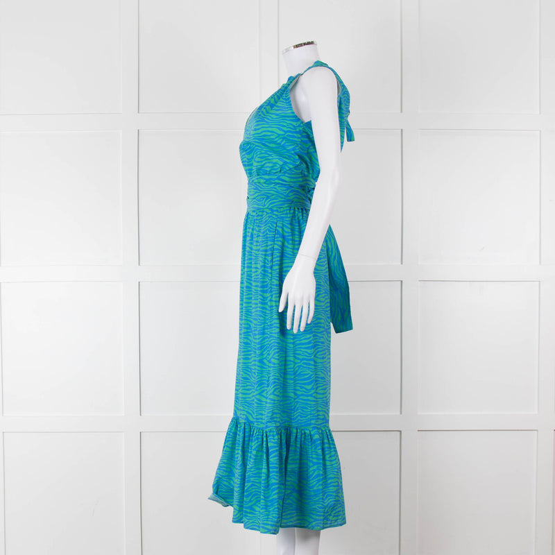 Ridley Green Blue Print Elasticated Waist Halter Neck Belted Maxi Cotton Dress