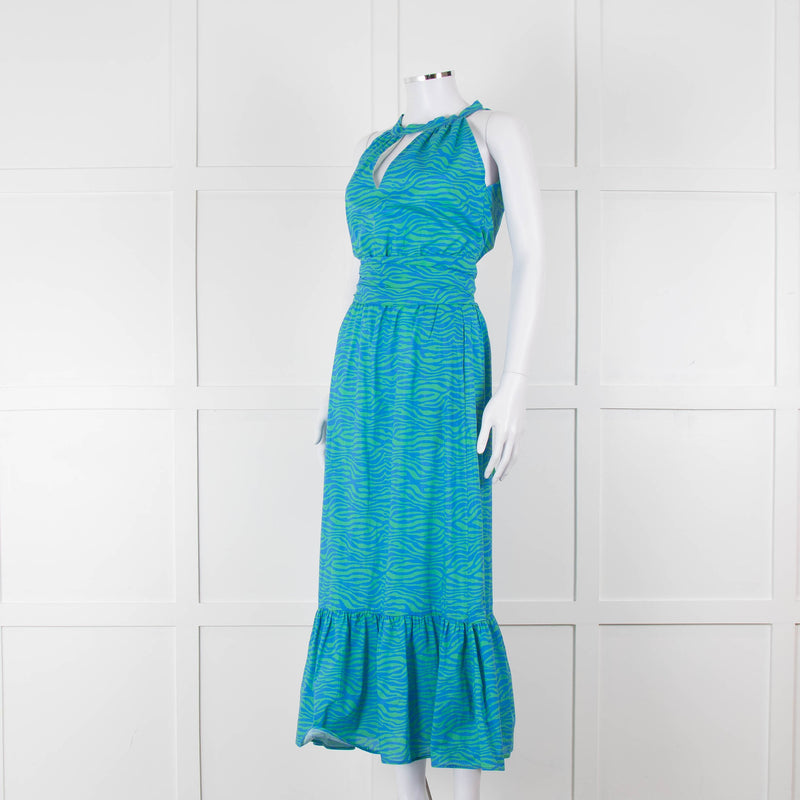 Ridley Green Blue Print Elasticated Waist Halter Neck Belted Maxi Cotton Dress