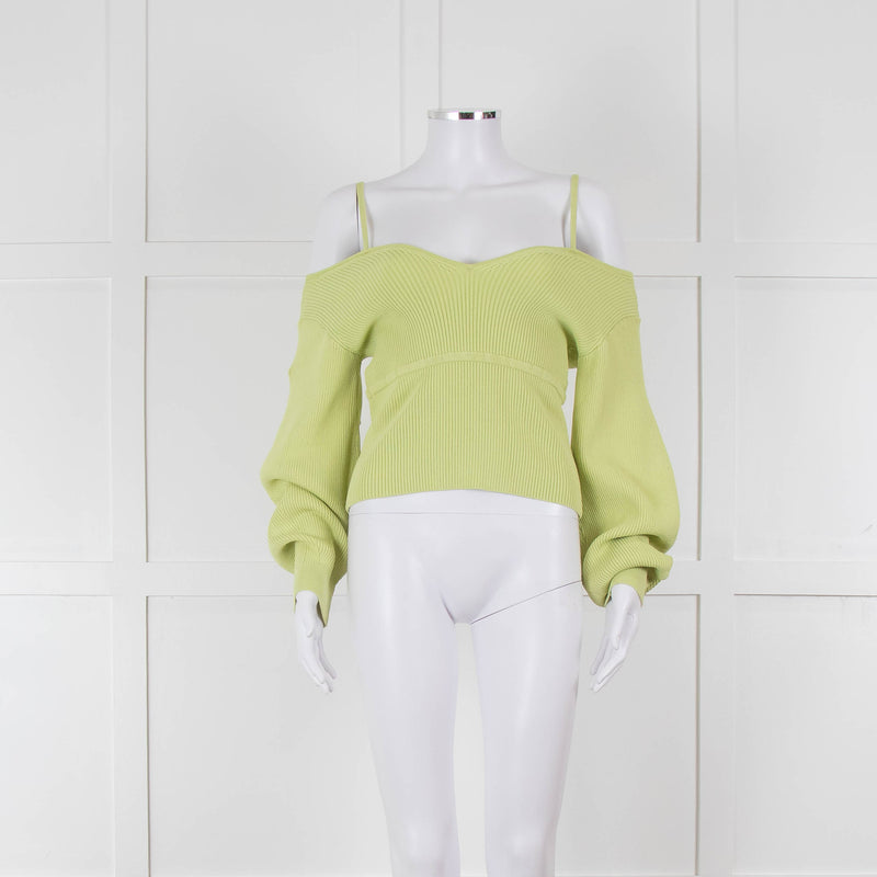 Self Portrait Light Green Rib Knit Fitted Cropped Jumper