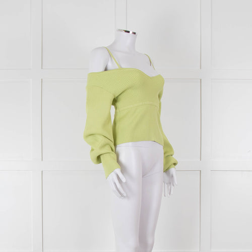 Self Portrait Light Green Rib Knit Fitted Cropped Jumper