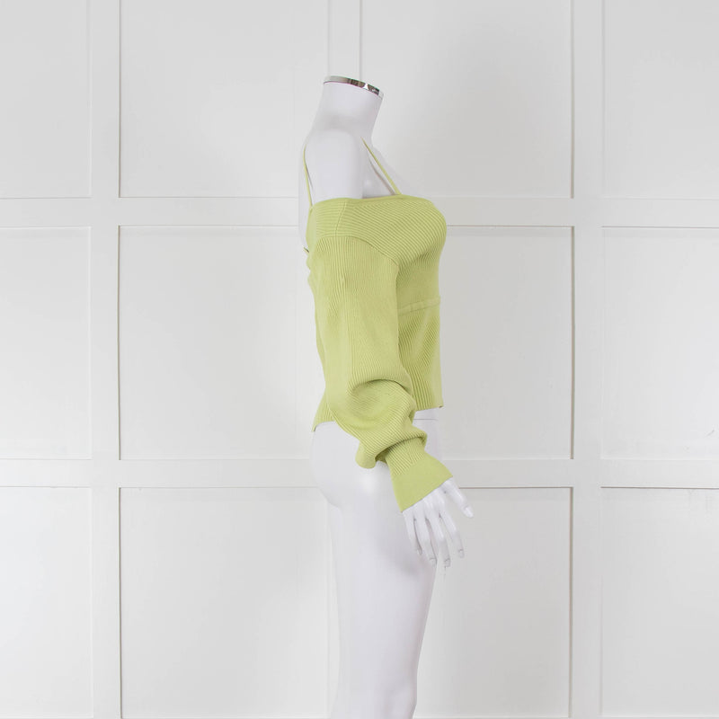 Self Portrait Light Green Rib Knit Fitted Cropped Jumper