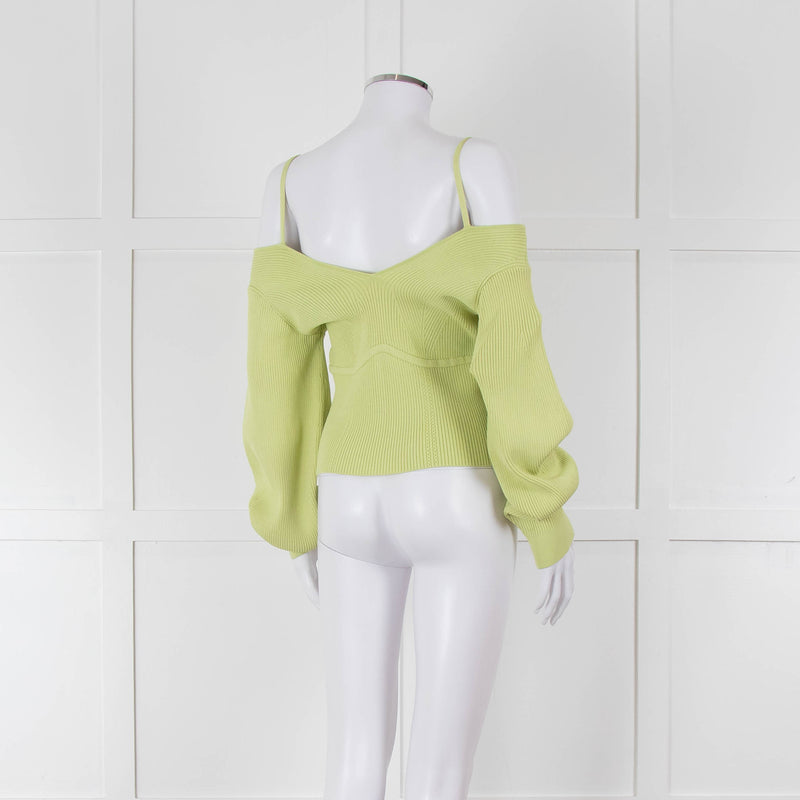 Self Portrait Light Green Rib Knit Fitted Cropped Jumper