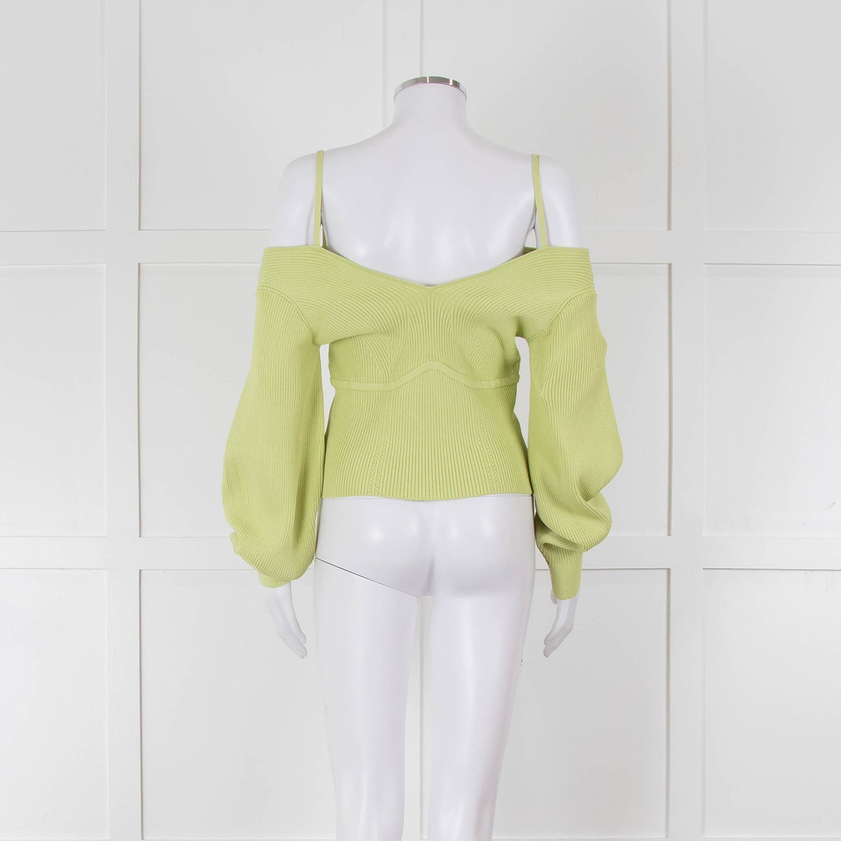 Self Portrait Light Green Rib Knit Fitted Cropped Jumper
