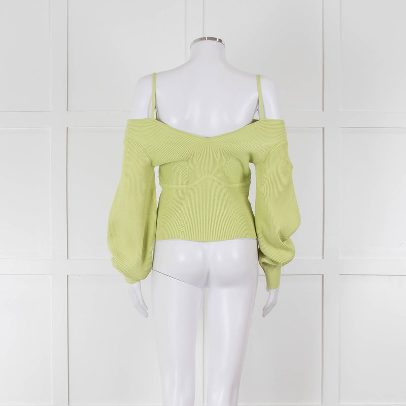 Self Portrait Light Green Rib Knit Fitted Cropped Jumper