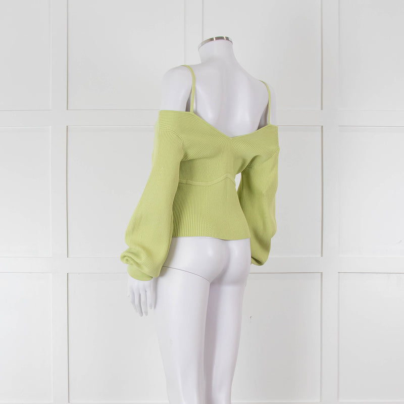 Self Portrait Light Green Rib Knit Fitted Cropped Jumper