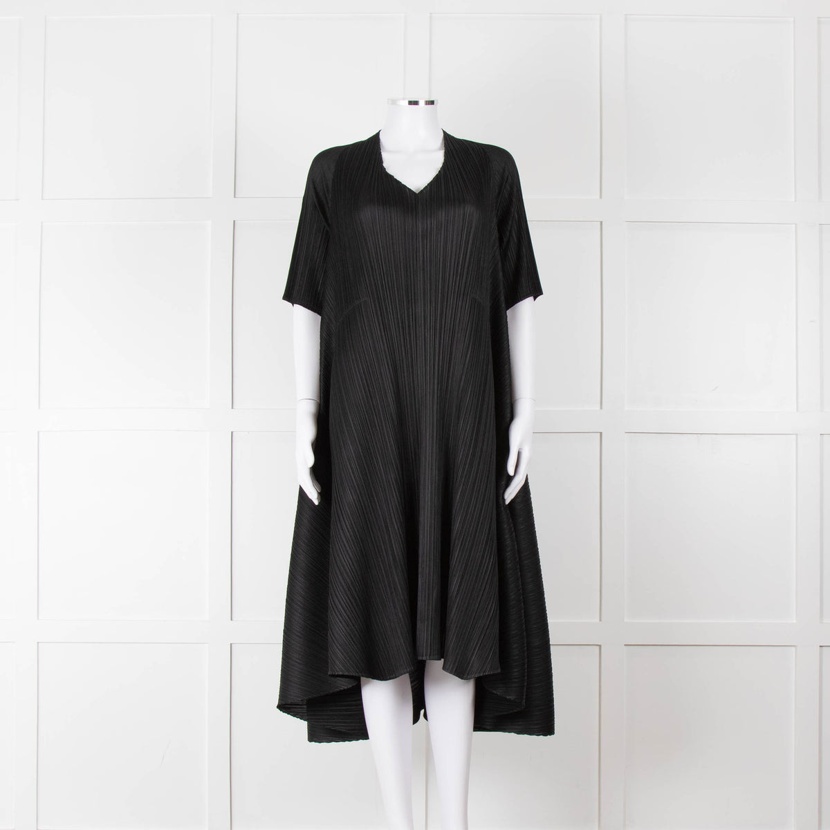 Pleats Please Black Plisse V Neck Dress with Short Sleeves