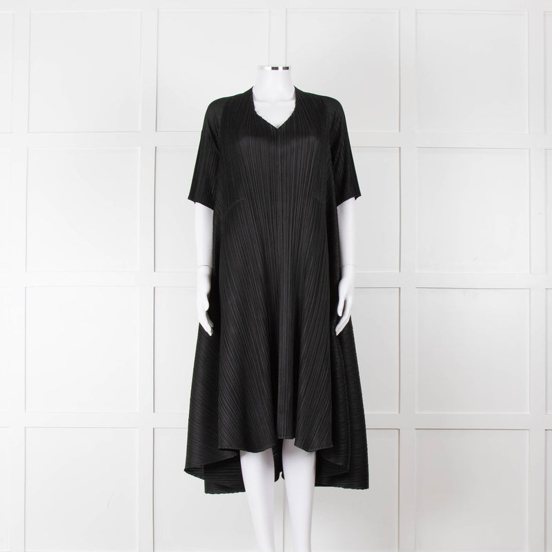 Pleats Please Black Plisse V Neck Dress with Short Sleeves