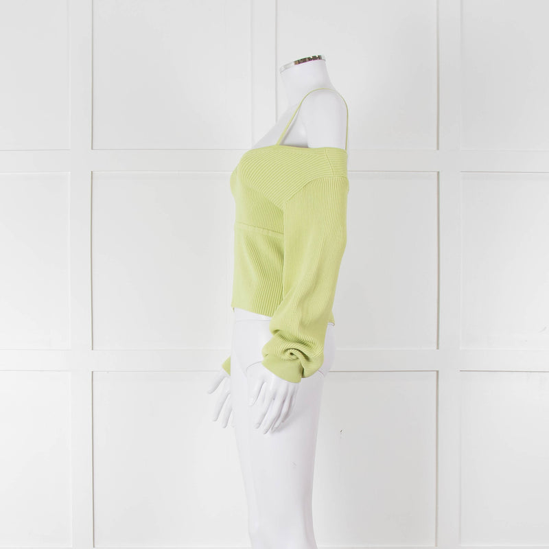 Self Portrait Light Green Rib Knit Fitted Cropped Jumper