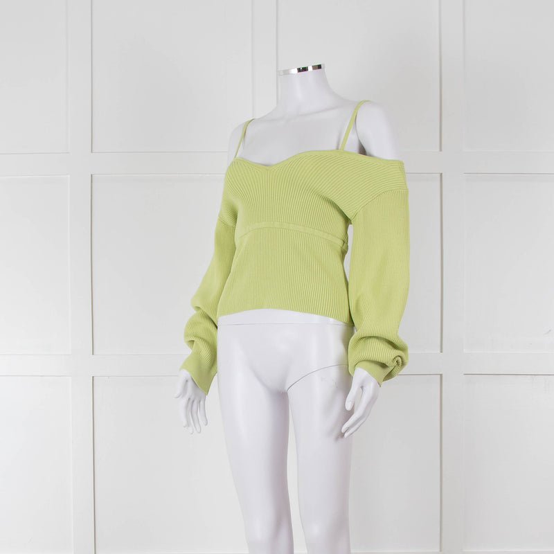 Self Portrait Light Green Rib Knit Fitted Cropped Jumper