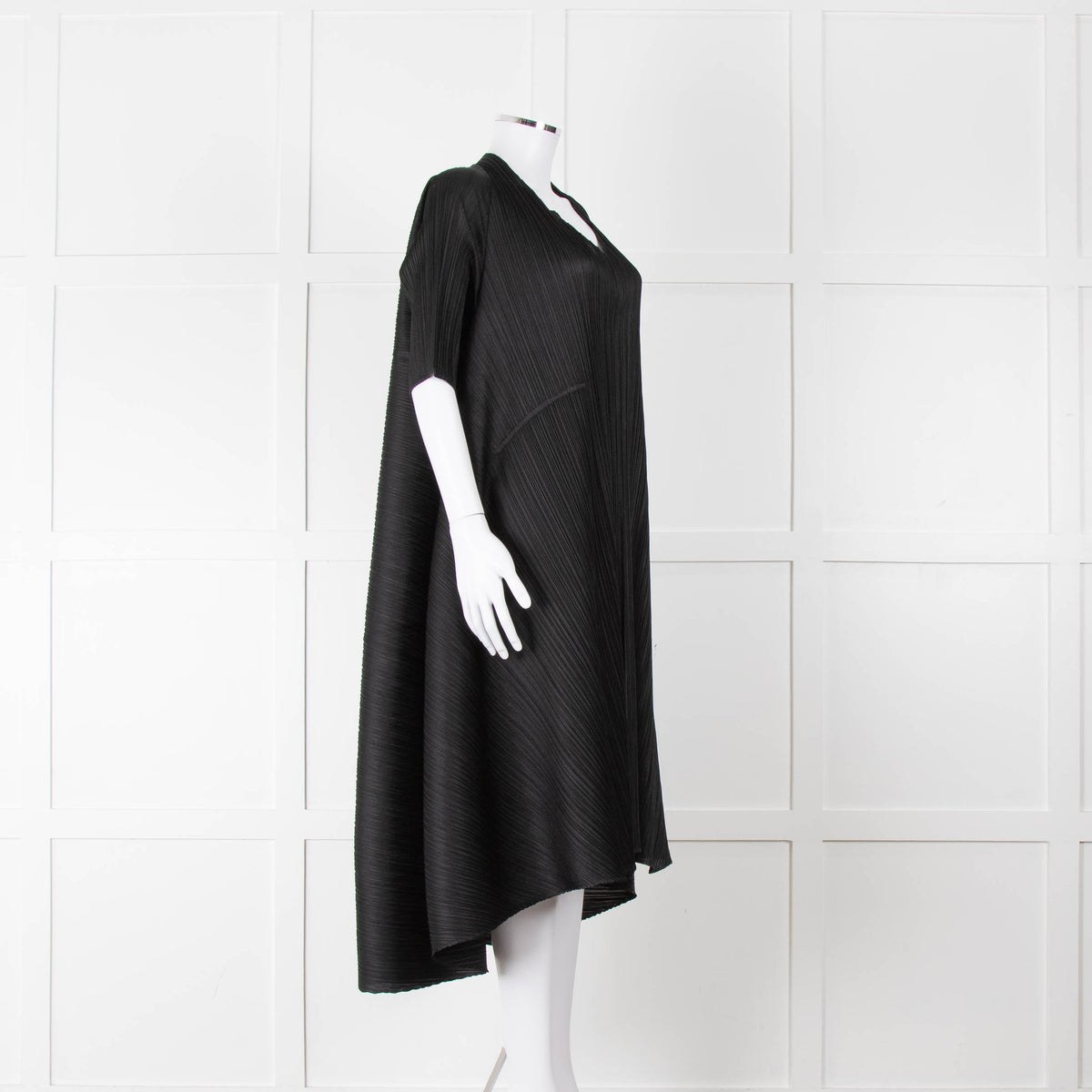 Pleats Please Black Plisse V Neck Dress with Short Sleeves