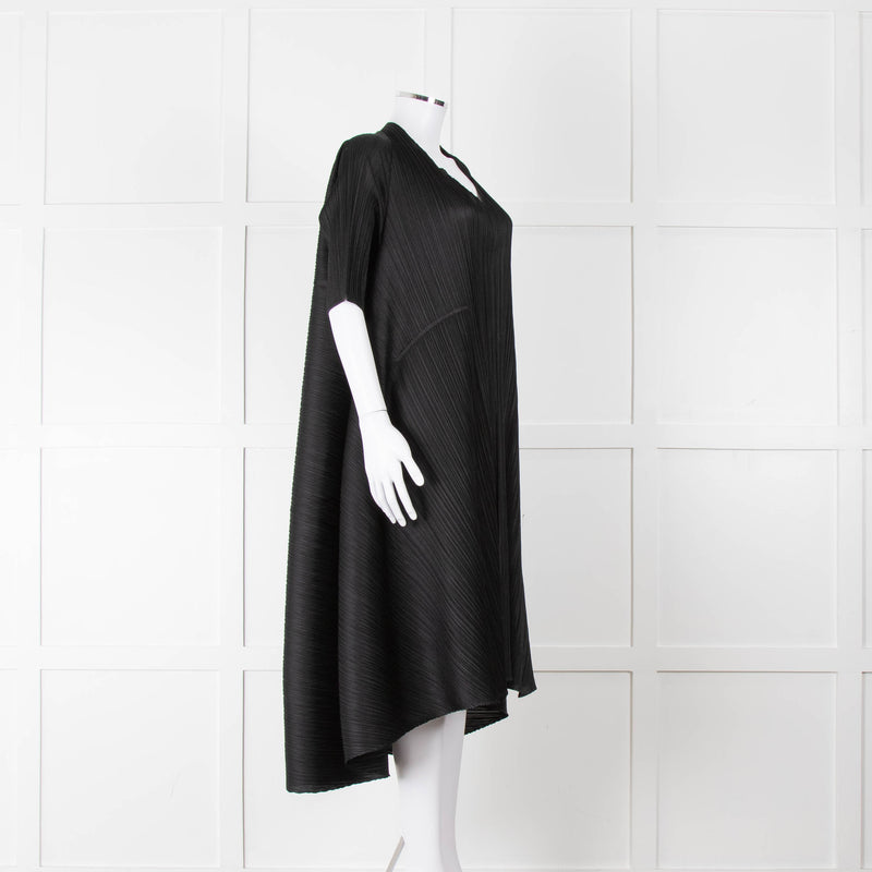 Pleats Please Black Plisse V Neck Dress with Short Sleeves