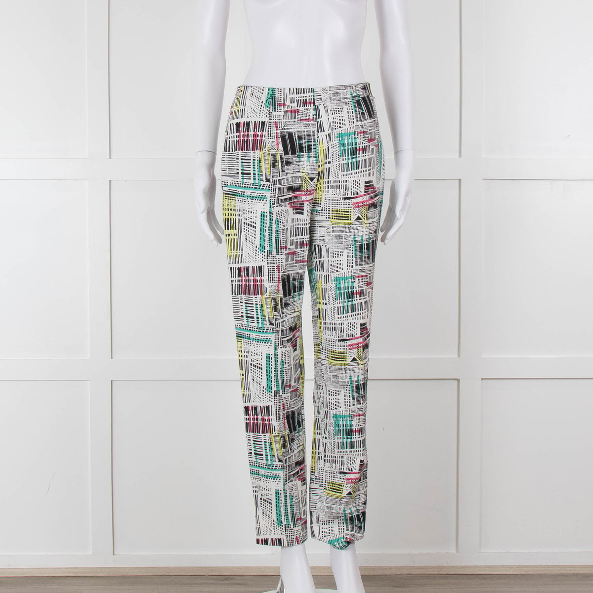 Paule Ka White Black Pink Green Geometric Print Trousers