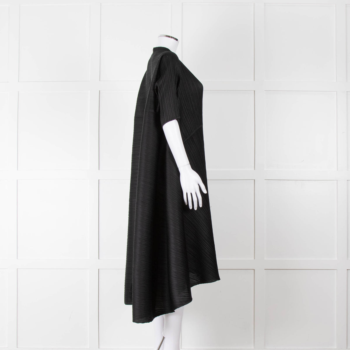 Pleats Please Black Plisse V Neck Dress with Short Sleeves