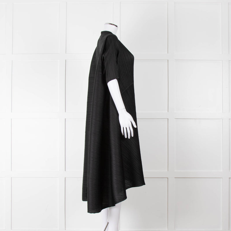 Pleats Please Black Plisse V Neck Dress with Short Sleeves