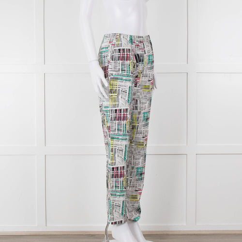 Paule Ka White Black Pink Green Geometric Print Trousers