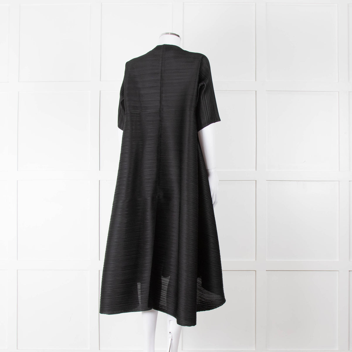 Pleats Please Black Plisse V Neck Dress with Short Sleeves