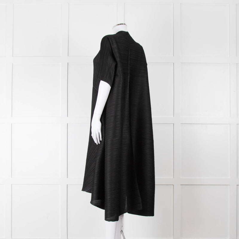 Pleats Please Black Plisse V Neck Dress with Short Sleeves