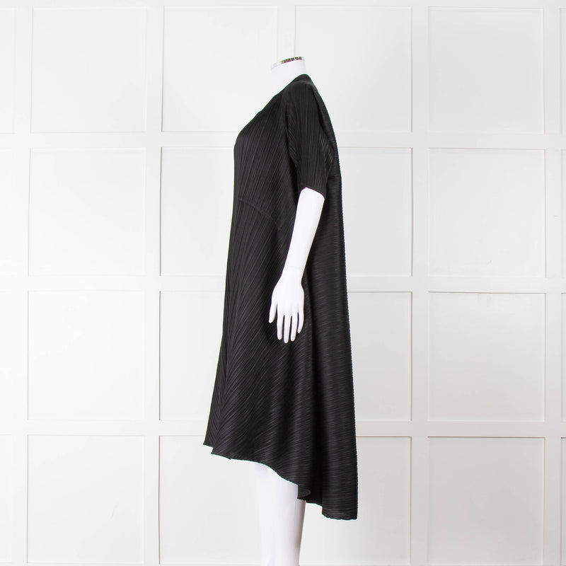 Pleats Please Black Plisse V Neck Dress with Short Sleeves