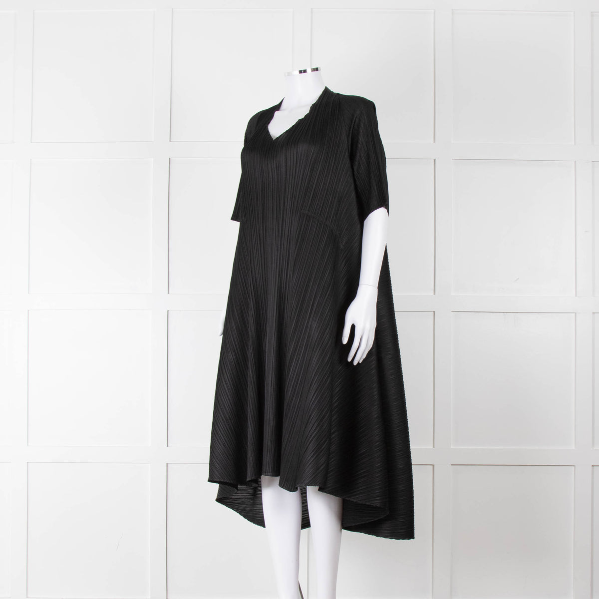 Pleats Please Black Plisse V Neck Dress with Short Sleeves