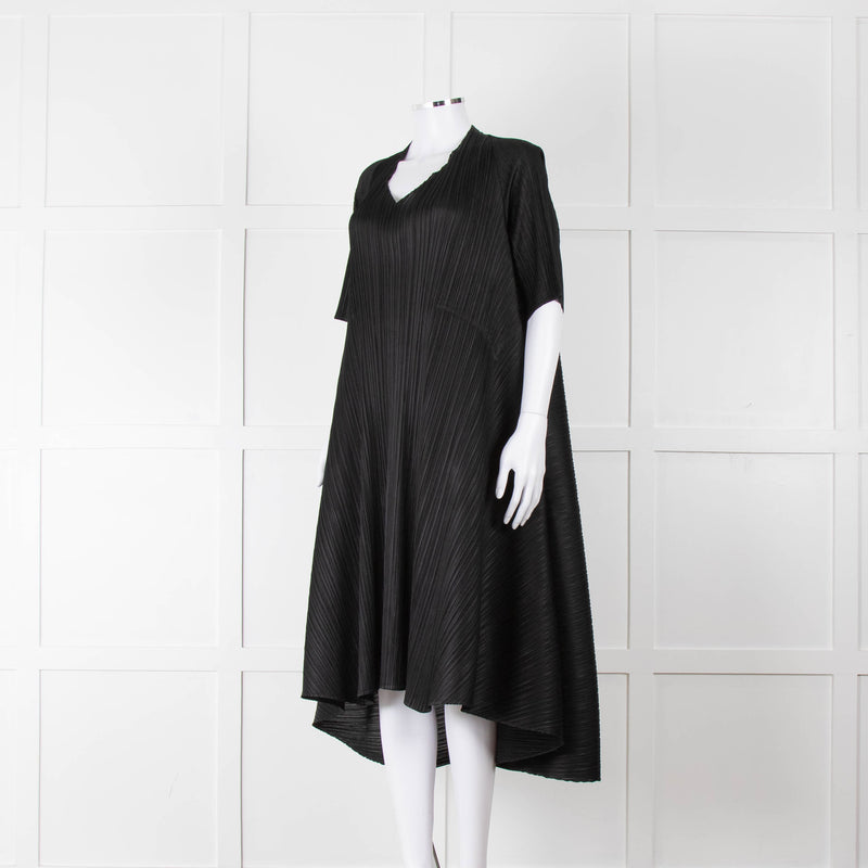 Pleats Please Black Plisse V Neck Dress with Short Sleeves