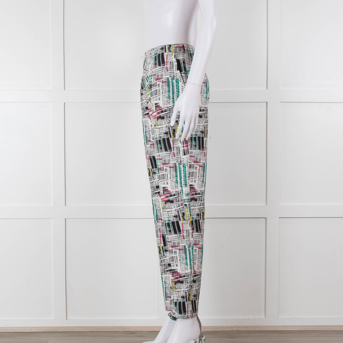 Paule Ka White Black Pink Green Geometric Print Trousers