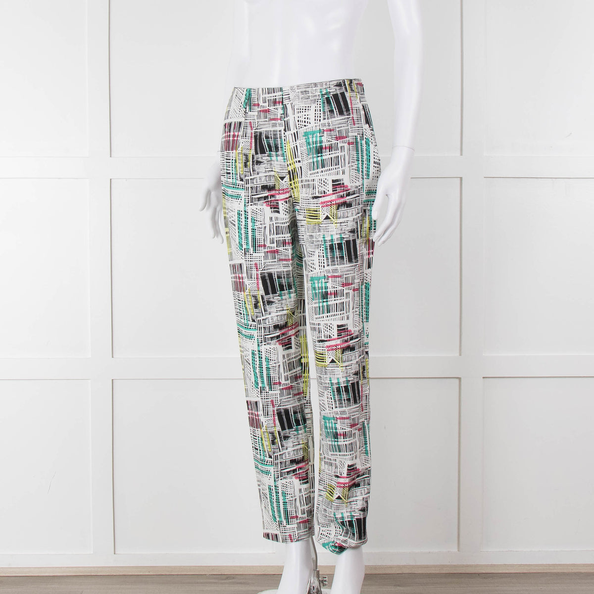 Paule Ka White Black Pink Green Geometric Print Trousers