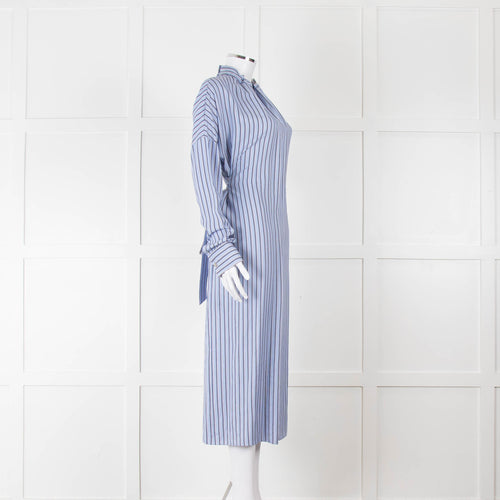 Tibi Belted Striped Poplin Midi Dress In Blue Stripe