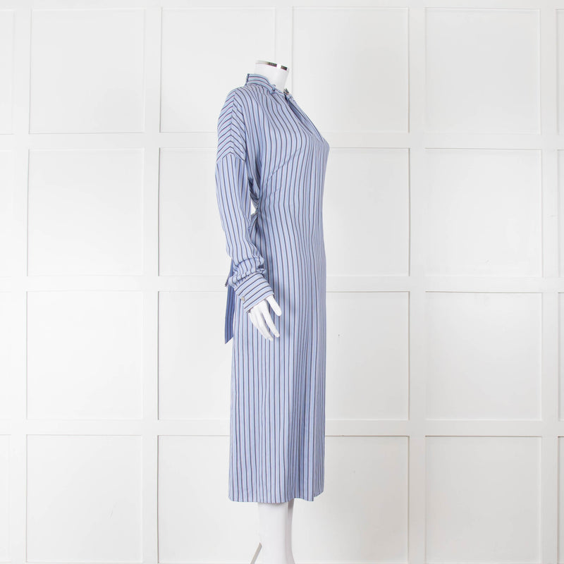 Tibi Belted Striped Poplin Midi Dress In Blue Stripe
