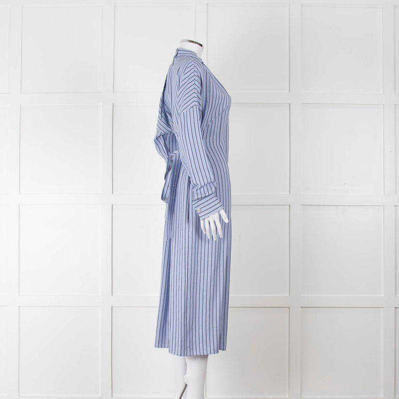 Tibi Belted Striped Poplin Midi Dress In Blue Stripe