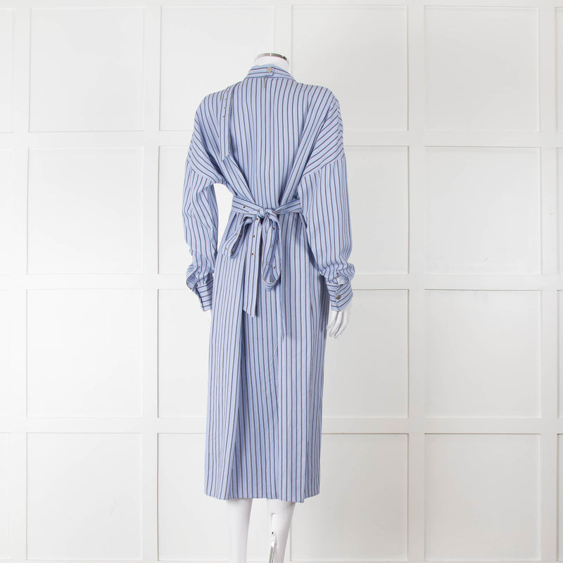Tibi Belted Striped Poplin Midi Dress In Blue Stripe