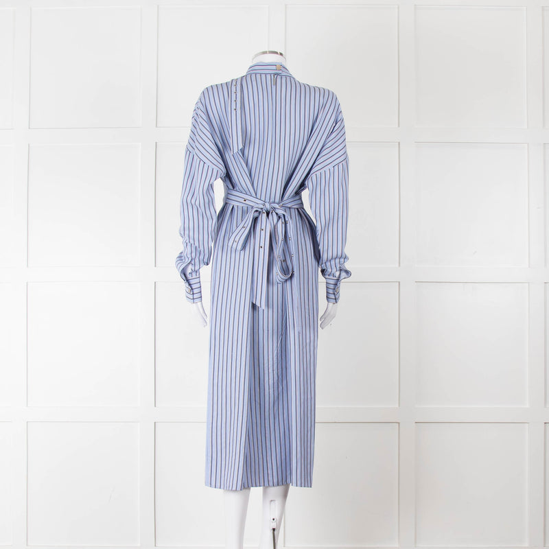 Tibi Belted Striped Poplin Midi Dress In Blue Stripe