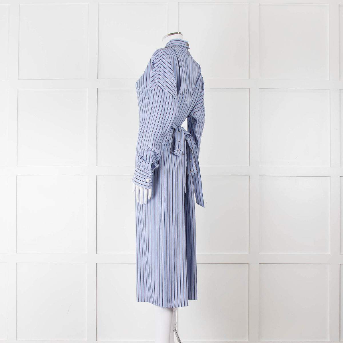 Tibi Belted Striped Poplin Midi Dress In Blue Stripe