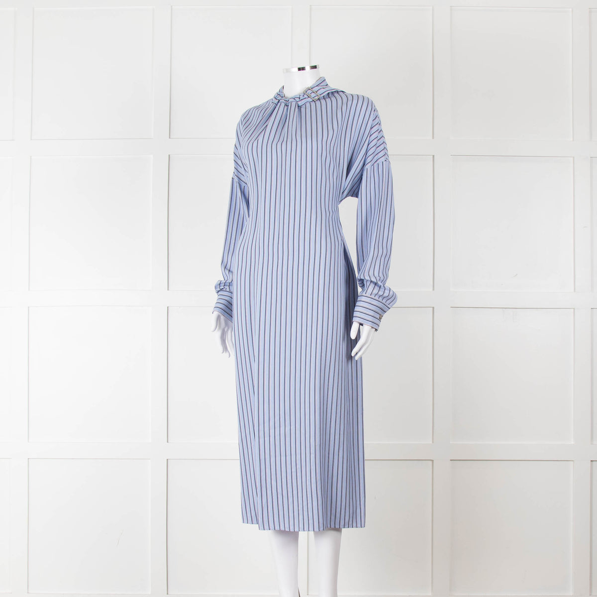Tibi Belted Striped Poplin Midi Dress In Blue Stripe