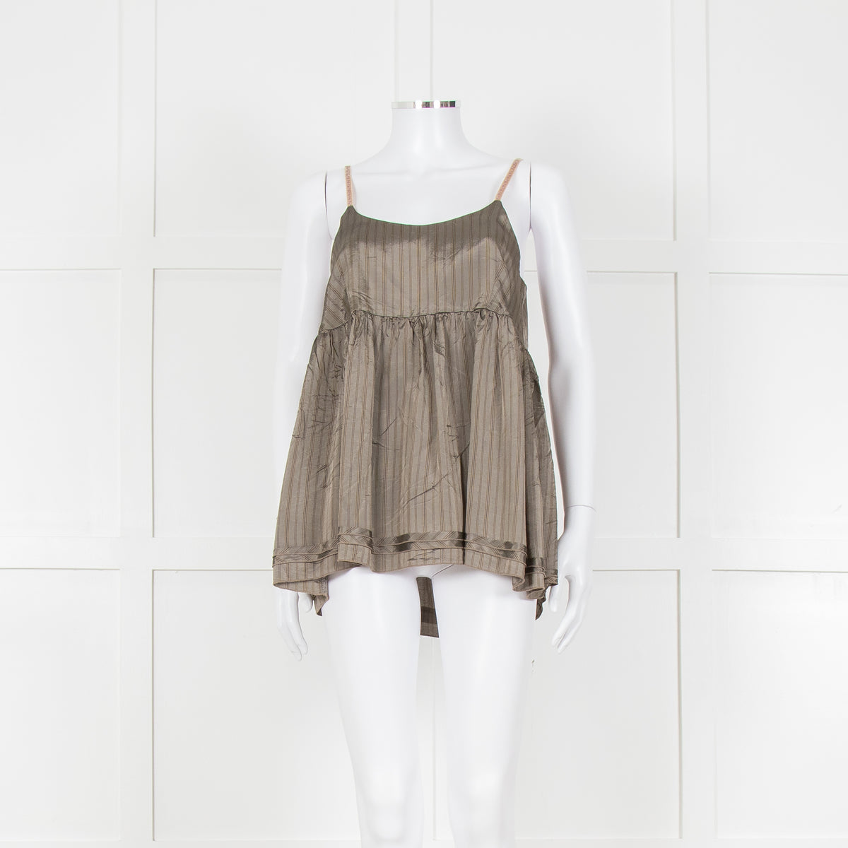 Ottod'Ame Khaki Pinstripe Contrast Velvet Strap Top